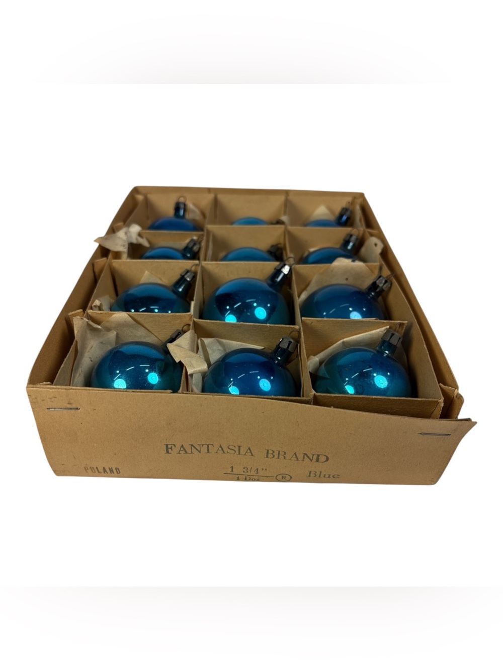 Vintage Fantasia Brand Poland Blue 1.75" Glass Christmas Tree Ornament Box of 12